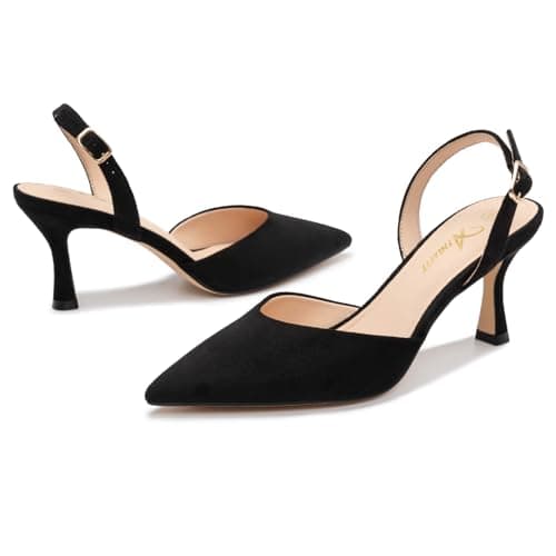 Athlefit Closed Pointed Toe Kitten Heels for Women Dress Work Wedding Party Slingback Stiletto Pumps Shoes Black Suede, Size 9, SAPU2606W - Thumbnail 5