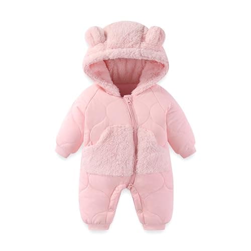 JiAmy Baby Snowsuit Winter Romper Hooded Boys Girls Jumpsuit Bear Thick Windproof Cap Infant Winter Clothes 12-18 Months Pink - Image 1