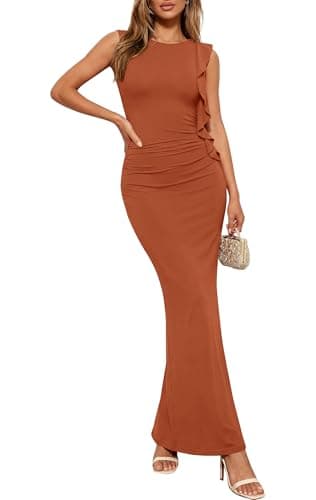 PRETTYGARDEN Women's Summer Maxi Dresses 2026 Sleeveless Ruffle Formal Wedding Guest Cocktail Party Bodycon Split Long Prom Dress(Brown,XL) - Image 1