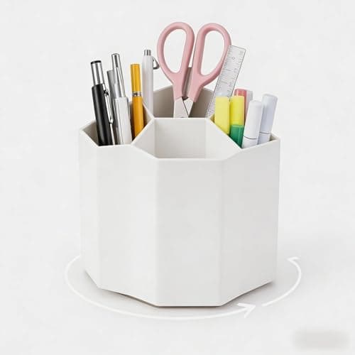 bibiage Pencil Pen Holder, 360° Rotating Pen Holder, Desk Organizer with 5 Slots, Desktop Stationery Storage for Office, School & Home, Art Supplies Desktop Decor, White