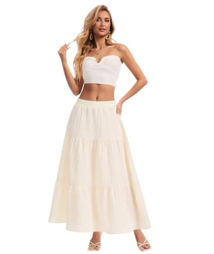 MFAVIP Womens Maxi Skirt Boho Long Flowy Skirts Trendy Summer 2026 Tiered Ruffle Skirt A Line Casual Beach Vacation Dress Beige - Thumbnail 3