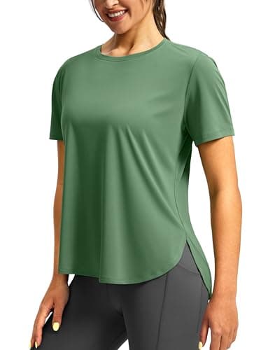 Soothfeel Women's Short Sleeve Workout Shirts Breathable Yoga T-Shirts with Side Slits Athletic Tee Tops (Green, M) - Image 1