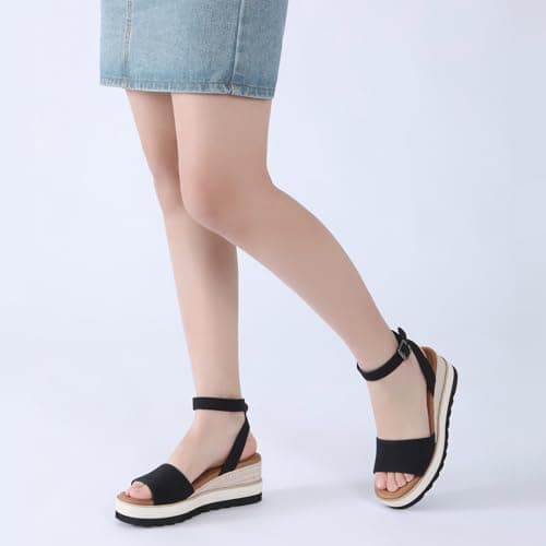 Athlefit Athlfit Women's Open Toe Buckle Ankle Strap Summer Casual Espadrille Platform Wedge Sandals, Black/Pu, Size 11, AD00442 - Thumbnail 6