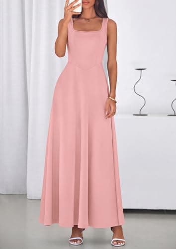 PRETTYGARDEN Womens Summer Dresses 2026 Sleeveless Elegant Square Neck Aline Swing Maxi Beach Wedding Guest Dress Pockets (Pink,Medium) - Thumbnail 2