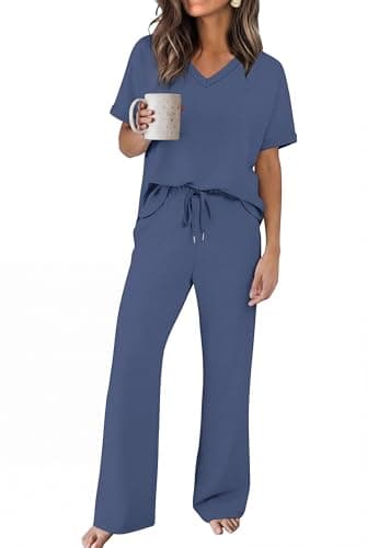 Sampeel Summer Outfits for Women 2026 V Neck Short Sleeve Long Wide Leg Pants Two Piece Sets Airport Cruise Travel Outfits Resort Wear Fashion Clothing Blue L - Image 1