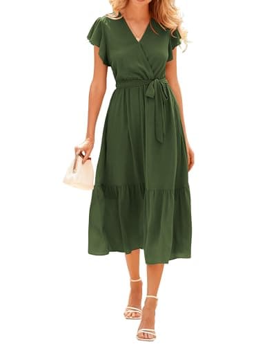 BTFBM Women Summer Bohemian Floral Casual Wrap V Neck Ruffle Cap Sleeveless Belt A-Line Pleated Hem Midi Sun Dress(Solid Army Green,Small) - Image 1