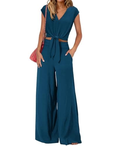 PRETTYGARDEN Two Piece Outfits For Women 2025 V Neck Cap Sleeve Strappy Crop Tops Loose Fit Wide Leg Pants Sets(Solid Teal,X-Large) - Image 1