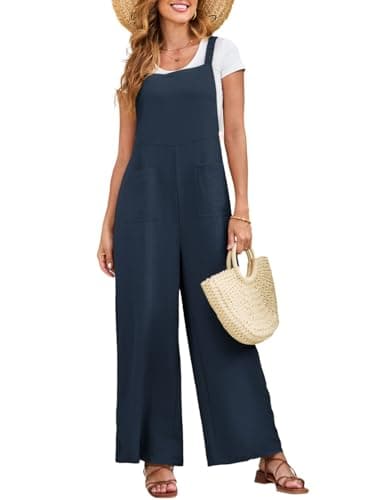 Dokotoo Womens Summer Jumpsuits Loose Solid Color Casual Wide Leg One Piece Sleeveless Overalls Jumpsuit Long Pant Romper With Pockets 2025 Women Fashion Trendy Navy Blue Large - Image 1