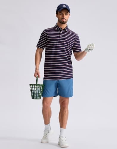 G Gradual Mens Golf Shirt Dry Fit Moisture Wicking Performance Short Sleeve Striped Polo Shirts for Men Dressy Casual (Wide Navy Stripe, 2XL) - Thumbnail 3