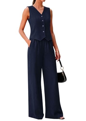 KIRUNDO Business Casual Outfits for Women Vest Tops Pant Suits Dressy 2 Piece Sets Summer Crop Blazer Wide Leg Work Pants(Navy, X-Large) - Image 1
