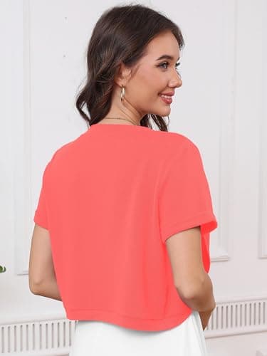 Heymoments Women's Short Sleeve Shrugs Watermelon Red 2X-Large Lightweight V-Neck Open Front Cropped Cardigan Knitted Bolero Sweaters Elegant Dresses Cover Up - Thumbnail 5