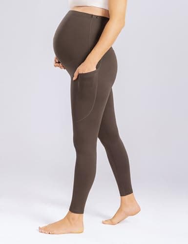 Enerful Women's Maternity Leggings Over The Belly with Pockets Pregnancy Pants Active Wear Workout Yoga Tights，Black Coffee Small - Thumbnail 4