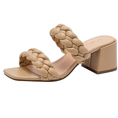Athlefit Women's Braided Heeled Sandals Strappy Square Open Toe Heels Backless Mules Slip On Block Heels Khaki Size 6.5 - Image 1