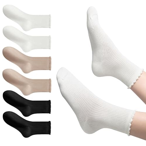 HOZMOZ 6 Pairs Ruffle Socks Women, 98% Cotton Cute Frilly Ankle Socks, Size 5-9, Casual, Work, Outfit Essentials - Image 1