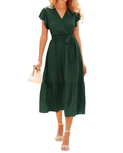 BTFBM Women Summer Bohemian Floral Casual Wrap V Neck Ruffle Cap Sleeveless Belt A-Line Pleated Hem Midi Sun Dress(Solid Dark Green,X-Large) - Image 1