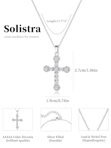 Solistra Cross Necklace for Women, Silver Plated Cubic Zirconia Big Cross Faith Pendant Necklace, Trendy Christian Religious gifts for women - Thumbnail 6