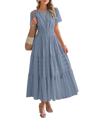 BTFBM Womens Summer 2026 Casual Midi Maxi Dresses Lightweight Short Sleeve V Neck Elastic Waist Boho Beach Dress Pockets(Blue Grey, Large) - Image 1