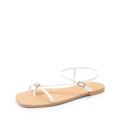 DREAM PAIRS Women's Strappy Flat Sandals for Women Comfortable Open Square Toe Sandals Dressy Beach Thong Cute Wedding Summer Ankle Strap Sandals,Size 6,White,SDFS26001W - Image 1