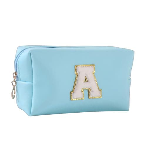 Makeup Bag Initial Preppy Patch Bag,Small PU Leather Travel Cosmetic Bag Pouch with Zipper, Blue Cute Toiletry Bag,Gift Ideal for Teen Girls Women Birthday Friend Mom, Latter A - Image 1