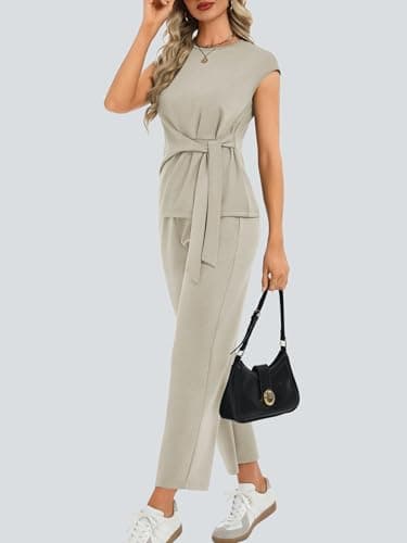 Casly Lamiit 2 Piece Outfits for Women Spring 2026 Dressy Casual Lounge Set Crew Neck Belted Tops Cruise Outfits Beach Vacation Clothes Dark Beige M - Thumbnail 3