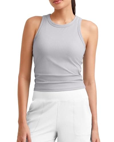 G4Free Athletic Tops for Women Yoga Razorback Tank Ribbed Lightweight Comfortable Waist Length for Gym Daily Workout (Silver Gray,XL) - Image 1