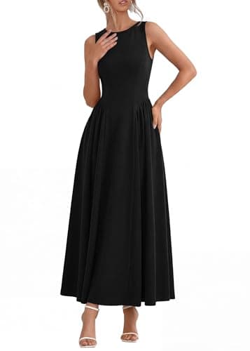 KIRUNDO Wedding Guest Dresses for Women 2026 Summer Semi Formal Work Sleeveless Elegant Boat Neck Flowy A Line Maxi Dress(Black, XX-Large) - Image 1