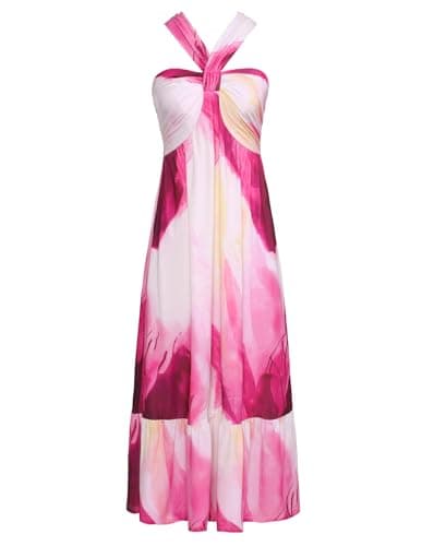GRACE KARIN 2024 Summer Women's Criss Cross Halterneck Sleeveless Floral Print Flowy A Line Maxi Dress Magenta Tie Dye S - Image 1