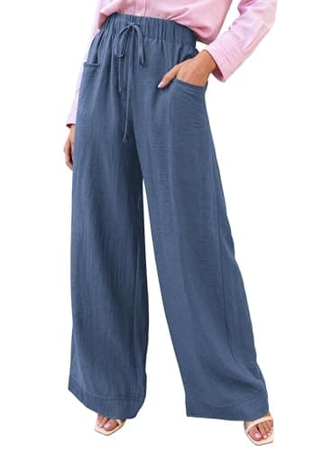 KIRUNDO Wide Leg Palazzo Pants for Women Summer High Waist Flowy Casual Trousers Lounge Pants Beach Vacation Travel Outfits (Dusty Blue, XX-Large) - Image 1