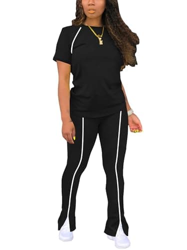 STOLKISS Casual Workout Two Piece Outfits for Women Summer Vacation Fitted Crew Neck T-shirt High Waist Pants Matching Sets Streetwear Black XL - Image 1