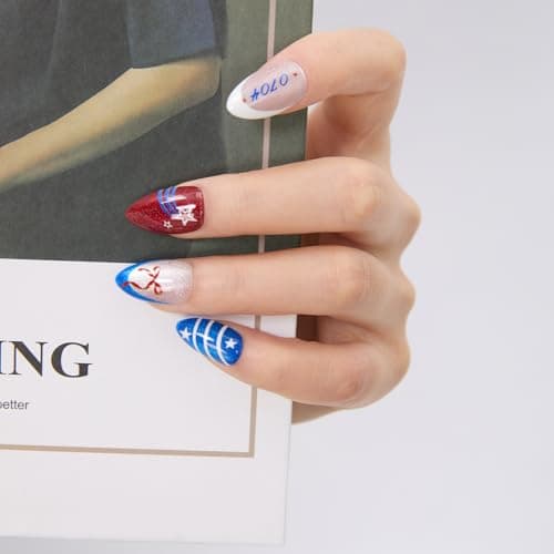 SKUPHI 4th of July Press On Nails Memorial Day Nails Almond Cat Eye Salon Quality Handmade Reusable Stick On False Nails 32 Nail Kit-16 Sizes - Thumbnail 3