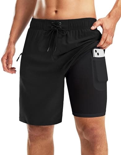 Pinkbomb Men's Swim Trunks with Compression Liner 9 Inch Quick Dry Swimsuit Swimming Swim Board Shorts for Men with Pockets (Black, XXXL) - Image 1