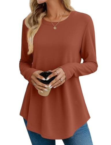JUSTFASHIONNOW Fall Tops For Women 2025 Trendy Long Sleeve Side Split Shirts Casual Loose Flowy Hem Tunic Tops Winter Thanksgiving Blouses (Caramel, XX-Large) - Image 1