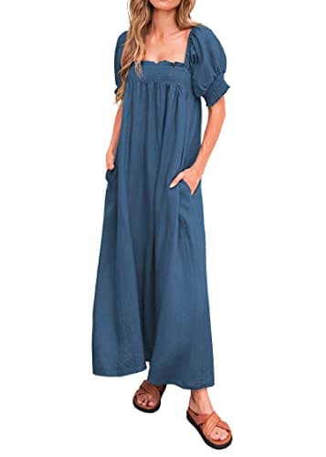 KIRUNDO Women 2026 Summer Maxi Dress Casual Loose Puff Sleeve Square Neck Maternity Flowy Long Beach Dresses with Pockets(Dark Blue, X-Large) - Image 1