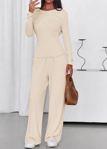 Lazysmile Lounge Sets For Women 2 Piece Sets Fall Outfits Long Sleeve Tops with Wide Legs Pants Casual Matching Set - Thumbnail 3