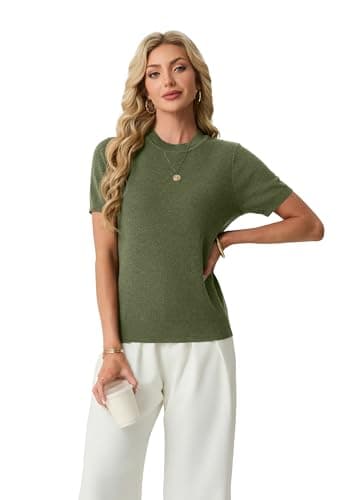 Lepunuo Women's Wool Blend Sweaters Summer Lightweight Short Sleeve Tops Business Casual Knit Blouses 2026 Grass Green - Thumbnail 5
