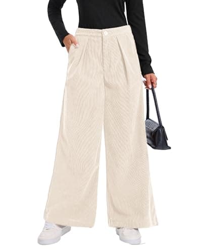Women's High Empire Elastic Waist Corduroy One Button Zipper Wide Leg Palazzo Beige Nude Ivory Cream Oatmeal Off White Pant with Pockets Casual Spring Summer Loose Vocation Holiday Slack Trousers - Image 1