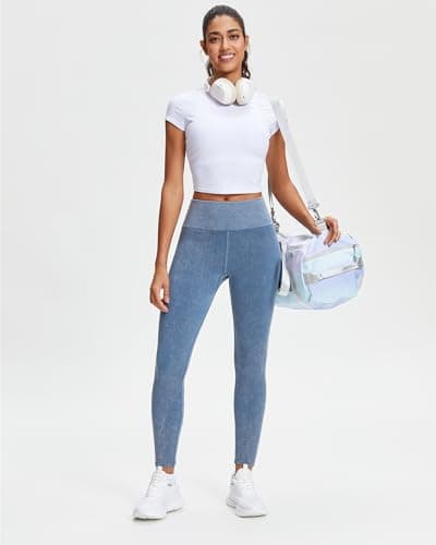 Stelle Workout Ribbed Seamless Leggings for Women High Waist Tummy Control Gym Leggings Athletic Yoga Pants(Pale Blue, L) - Thumbnail 6