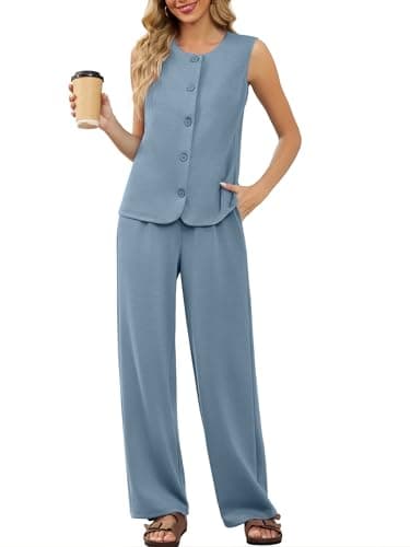 Casly Lamiit Womens Sets 2 Piece Outfits Summer Casual Lounge Travel Airport Clothes Matching Set Crew Neck Vest Waistcoat Wide Leg Pants Blue Grey 2XL - Thumbnail 2
