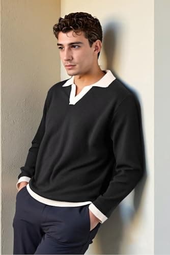 BAYAMO Mens Polo Sweater V Neck Long Sleeve Pullover Sweater Casual Knit Textured Sweater Black M - Thumbnail 3