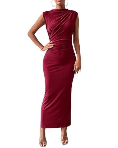 BTFBM Women Ruched Bodycon Maxi Dresses Summer Casual Sleeveless Lightweight Slit Elegant Cocktail Wedding Guest Dress(Wine Red, Large) - Image 1