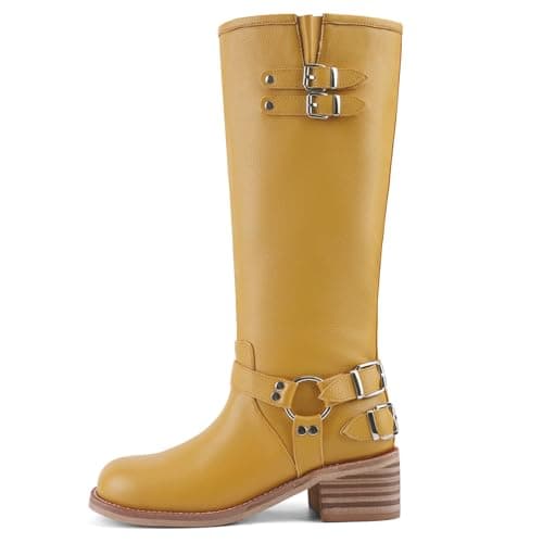 QIV Yellow Pebbled Knee High Motorcycle Boots for Women – Classic Harness Ring Mid Calf Riding Biker Boots with Buckle Straps & Low Block Heel Size 11 - Image 1