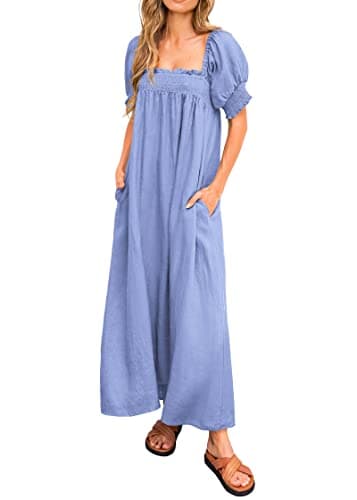 KIRUNDO Women 2026 Summer Maxi Dress Casual Loose Puff Sleeve Square Neck Maternity Flowy Long Beach Dresses with Pockets(Blue, Medium) - Image 1