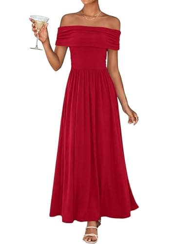 KIRUNDO Cocktail Dresses for Women 2026 Summer Off The Shoulder Ruched Pleated Long Flowy Formal Party Maxi Dresses(Red, Medium) - Image 1