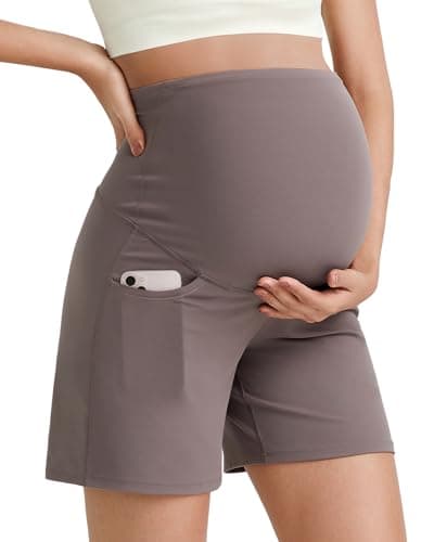 G4Free Maternity Athletic Shorts with Pockets Casual Pregnancy Shorts Over The Belly Summer Yoga Active Oufits(Taupe,S) - Image 1