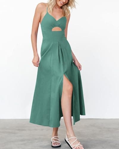 BTFBM Women 2026 Spaghetti Strap Midi Summer Dresses Sleeveless V Neck Cutout Slit Casual Beach Party Maxi Dress Pockets(Grey Green, XX-Large) - Thumbnail 4