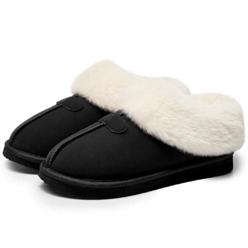 VANSARTO Women's Fuzzy Slippers Cozy Memory Foam Winter House Shoes with Fluffy Faux Fur Collar Non-Slip Closed Back Suede Slippers for Indoor Outdoor, Black, Size 9-10 - Image 1