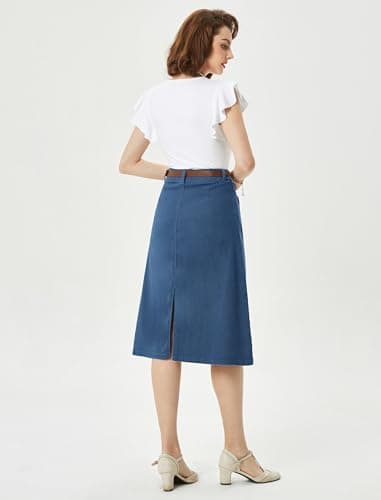 Belle Poque Long High Waisted Jean Skirt Plus Size Knee Length Cargo Denim Skirt Long Navy Blue XL - Thumbnail 3