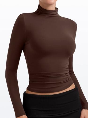 PINKMSTYLE Turtleneck Long Sleeve Open Back Tops Womens Ruched Double Lined Top Y2K Festival Outfits Brown Small - Thumbnail 3