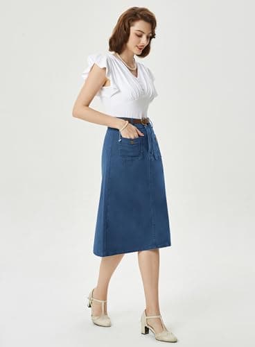 Belle Poque Long High Waisted Jean Skirt Plus Size Knee Length Cargo Denim Skirt Long Navy Blue XL - Thumbnail 2
