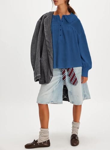 KGGT Women's Waffle Knit Tops Long Sleeve Henley Shirts Oversized Pullover Peter Pan Collar Loose Tunic Blouses(Navy-Blue,M) - Thumbnail 4